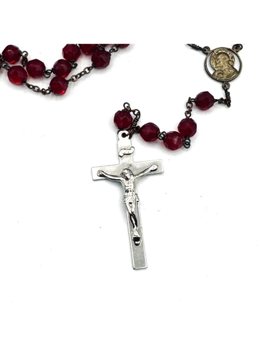 VTG Ruby Red Glass Bead Rosary Faceted Hand-linked 5 Decades Madonna & Child 20" - Picture 4 of 9